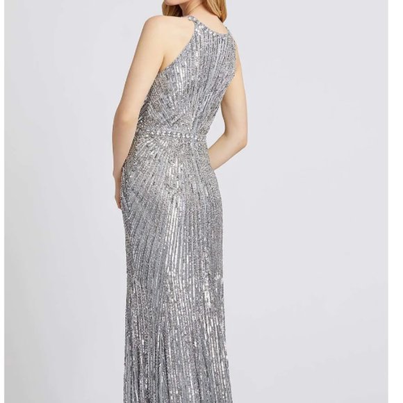 MAC DUGGAL 4963A BEADED HALTER THIGH SLIT PLATINUM GOWN sz 8 - Picture 2 of 6